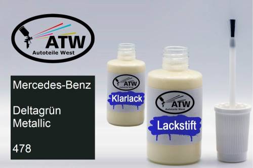 Mercedes-Benz, Deltagrün Metallic, 478: 20ml Lackstift + 20ml Klarlack - Set, von ATW Autoteile West.